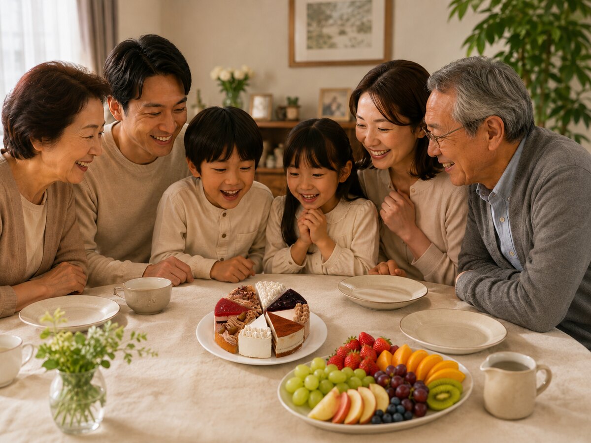 ケーキを囲む6人の家族