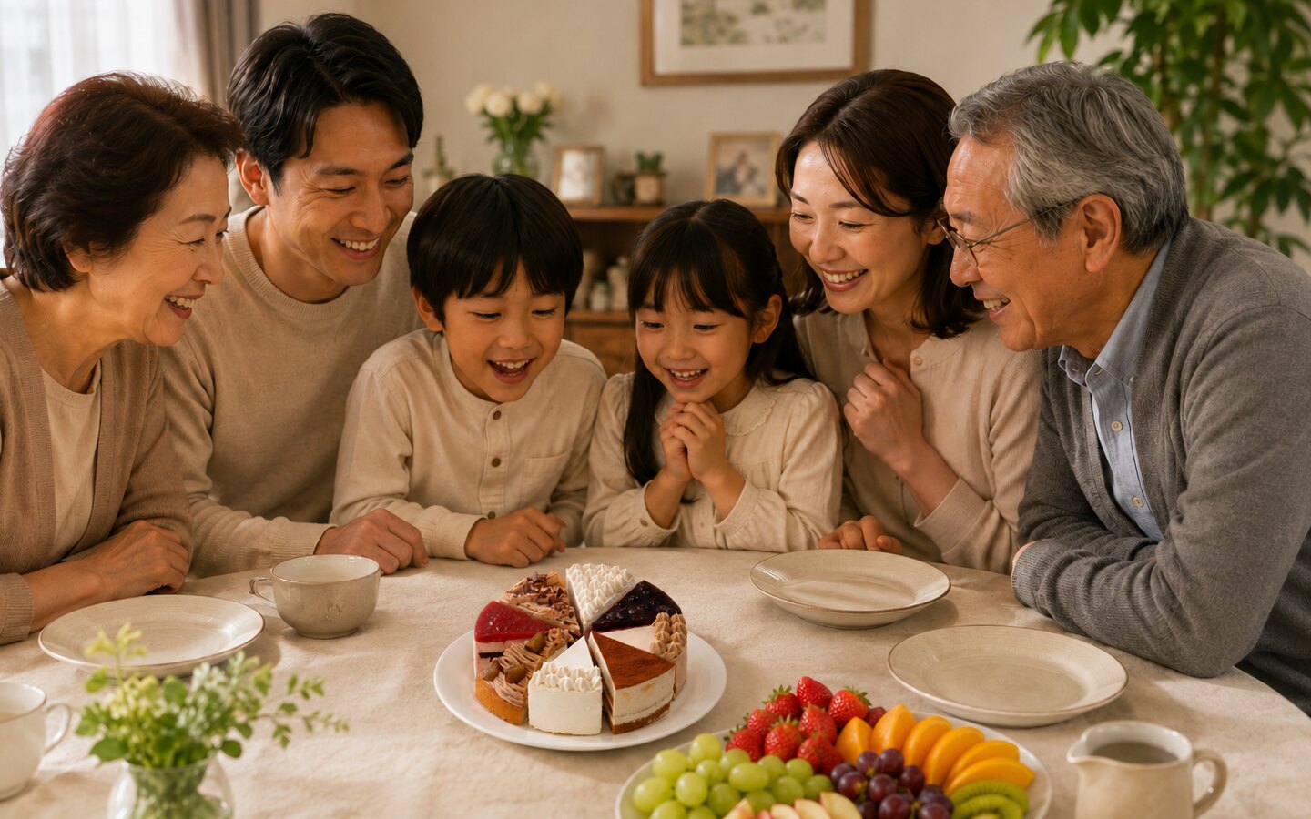 ケーキを囲む6人の家族
