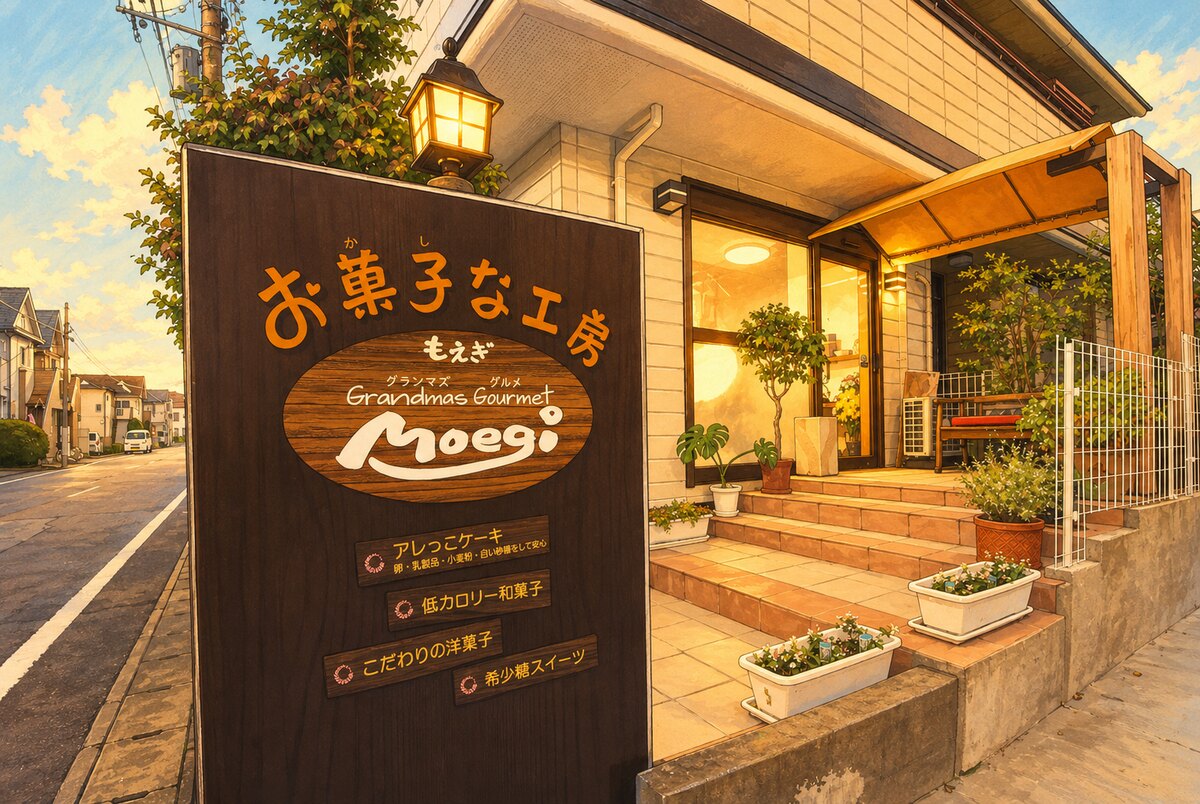 お菓子な工房もえぎの看板と店舗入口