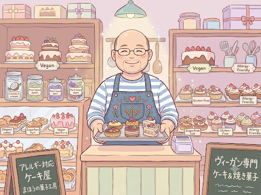 お菓子を手に工房に立つ作り手のイラスト